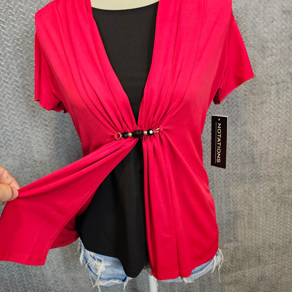 Notations Womens Red Layered Look Beaded Draped Top Short Sleeve Size M MITF0989 - Picture 2 of 8